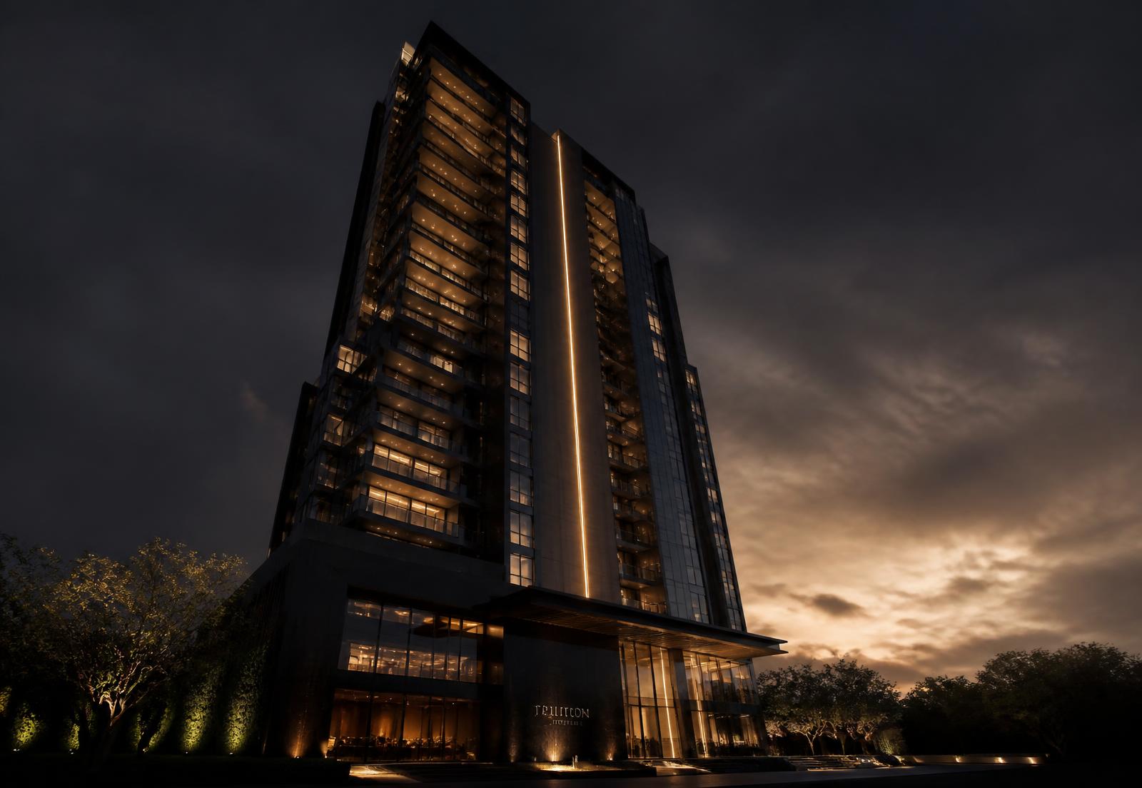 Torre residencial de alto padrão iluminada ao anoitecer em Betim